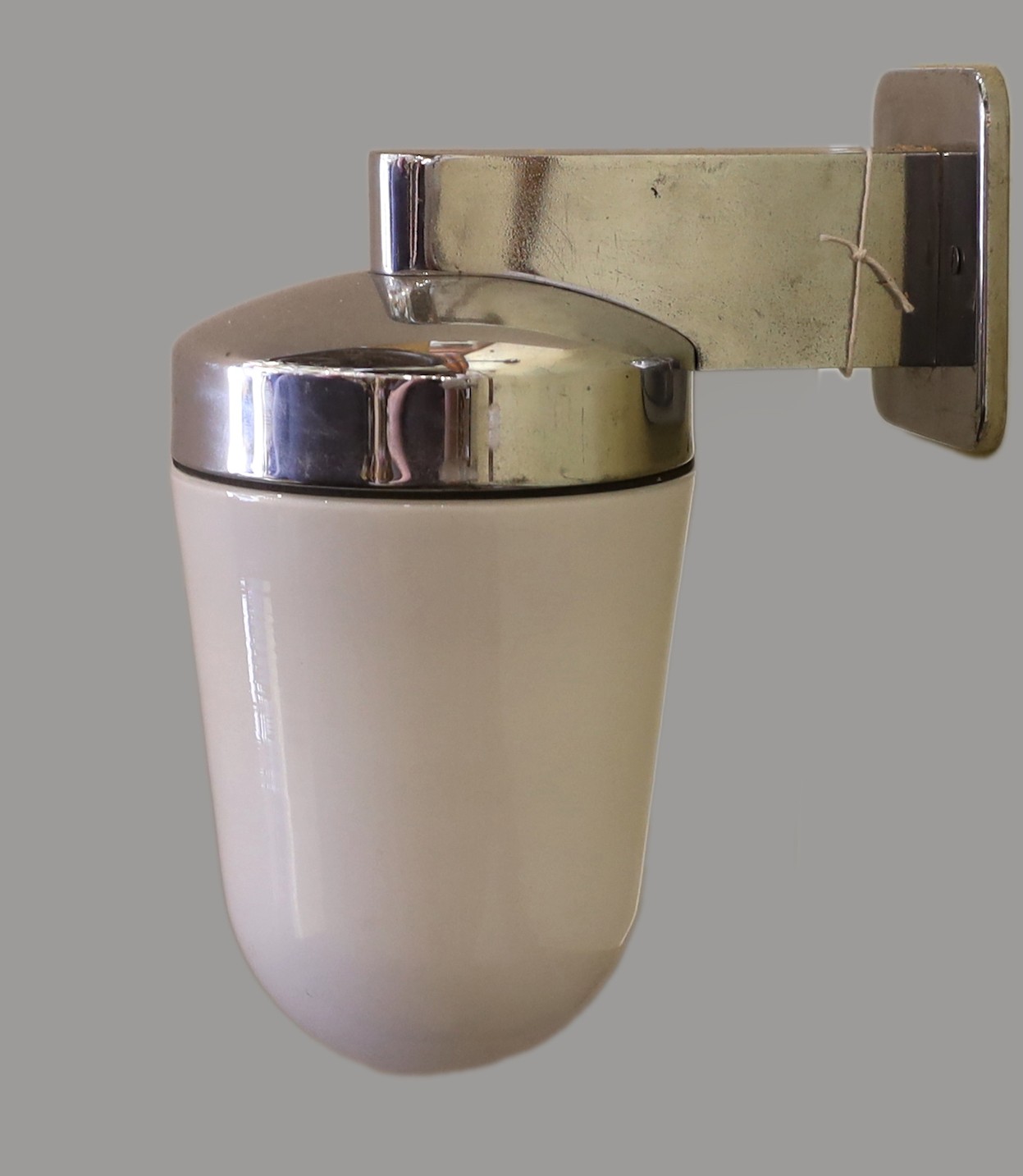 A 1950s English nickel plated and opaque white glass pendant wall light, height 24cm